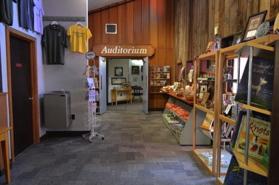 Auditorium inside the visitor center – historical films shown on request – drinking fountain – gift shop